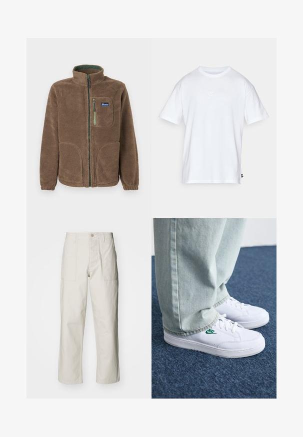 Giacca in pile marrone con zip completa, colletto alto, due tasche inferiori, una tasca sul petto con zipper verde e patch del logo Penfield.; T-shirt bianco in cotone con maniche corte e colletto tondo. Presenta un piccolo e discreto logo Nike sul petto e un'etichetta laterale.; Pantaloni a gamba larga beige chiaro in cotone. Presentano tasche frontali e chiusura con bottone. Tessuto liscio con sottili linee verticali.; Sneakers in pelle bianca con logo Nike verde, punta rotonda, suola piatta, abbinati a pantaloni in denim azzurro, mostrati su un tappeto blu.