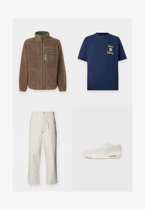 Braune Fleecejacke mit durchgehendem Reißverschluss, hohem Kragen, zwei unteren Taschen, einer Brusttasche mit grünem Reißverschluss und Penfield-Logo-Patch.; Marineblaue Baumwoll-T-Shirt mit kurzen Ärmeln, mit goldener Schrift "Carhartt University" und einem Logo-Patch auf der linken Brust.; Helle beige weit geschnittene Hose aus Baumwolle. Verfügt über Fronttaschen und einen Knopfverschluss. Glatte Textur mit dezenten vertikalen Streifen.; Sneakers mit einem hellbeigen synthetischen Obermaterial, weißen Schnürsenkeln und sichtbarer Dämpfung. Sie verfügen über eine glatte Sohle und dezente seitliche Akzente.