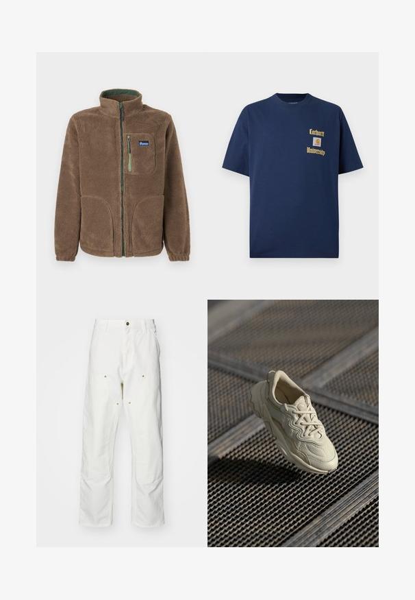 Hnedá fleecová bunda na zips s vysokým golierom, dvomi dolnými vreckami, jedným vreckom na hrudi so zeleným zipsom a nášivkou Penfield.; Námornícky modré bavlnené tričko s krátkymi rukávmi, s vyšívaným zlatým textom "Carhartt University" a nášivkou loga na ľavom prsníku.; Biele bavlnené cargo nohavice s voľným strihom. Medzi vlastnosti patrí predné vrecká, zlaté detaily a zosilnené kolenné časti.; Béžové tenisky s textúrovaným materiálom, kontrastnými hladkými akcentmi, zaoblenou podošvou a šnúrkami, suspendované nad mriežkovaným povrchom.