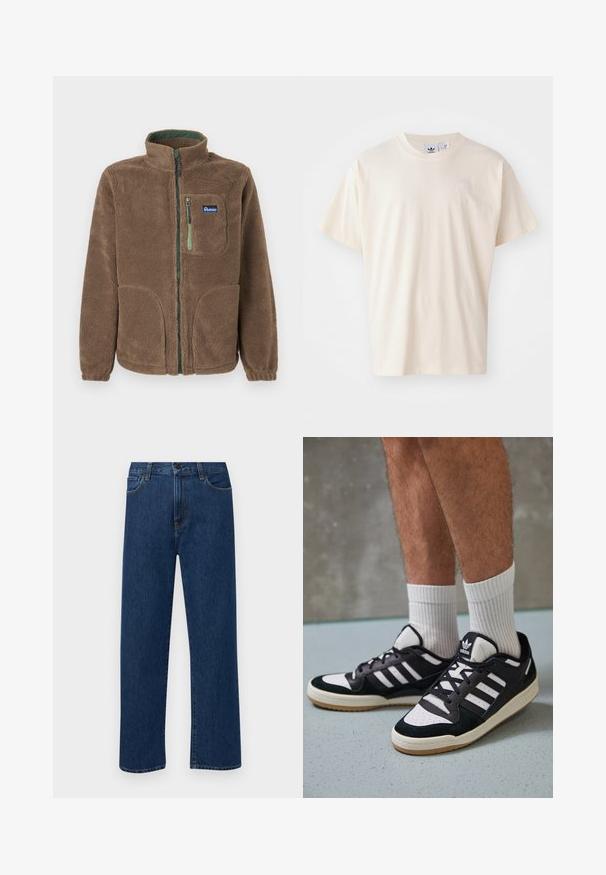 Ruda pilna užtrauktuko fliso striukė su aukštu apykakle, dviem apatinėmis kišenėmis, viena krūtinės kišene su žaliu užtrauktuku ir Penfield logotipo pleistru.; Kremo spalvos medvilnės marškinėliai su apvaliu iškirpimu ir trumpomis rankovėmis; ant krūtinės yra mažas, šviesios spalvos logotipas.; Tamsiai mėlynos tiesaus žandikaulio džinsai su priekinėmis kišenėmis ir mygtuko uždarymu, rodantys ant paprasto balto fono.; Juodos ir baltos sportinės bateliai su zomšiniu ir odiniu viršumi, su trimis baltomis juostelėmis, perforuota koja ir guminėmis padais.