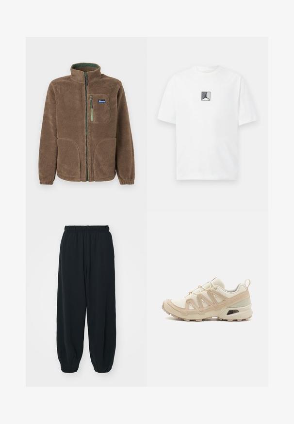 Barna, teljes hosszúságú, cipzáras polárruha magas gallérral, két alsó zsebbel, egy mellzsebbel zöld cipzárral és Penfield logóval.; Fehér pamut póló, középen fekete és szürke logó grafikával. Klasszikus kerek nyakkivágás, rövid ujjú, laza szabású.; Fekete, rugalmas derékpántos melegítőnadrág, laza fit, véget érő szárakkal, sima textúrával, látható minták vagy hardver díszek nélkül.; Beige és krém színű sportcipő, texturált hálós felsőrésszel, támogató burkolattal és gumitalppal, amely tapadás érdekében bordázott mintázattal rendelkezik.