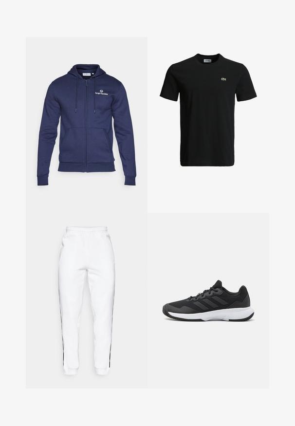 Sergio Tacchini CIPRESSO HOODIE SWEATER - Cipzáras pulóver - navy/gardenia; Fekete pamut póló kerek nyakkivágással, rövid ujjakkal és egy kis zöld krokodil logóval a bal mellen. Sima textúra, laza dizájn.; Fehér melegítőnadrág, gumis derekkal, fekete oldalsávokkal és szegőkkel. Puha anyagból készült, sima tapintású.; Fekete sportcipő, amely texturált felsőrésszel, három vízszintes csíkkal és mintázott talppal ellátott fehér talppal rendelkezik. Könnyű és áramvonalas dizájn.