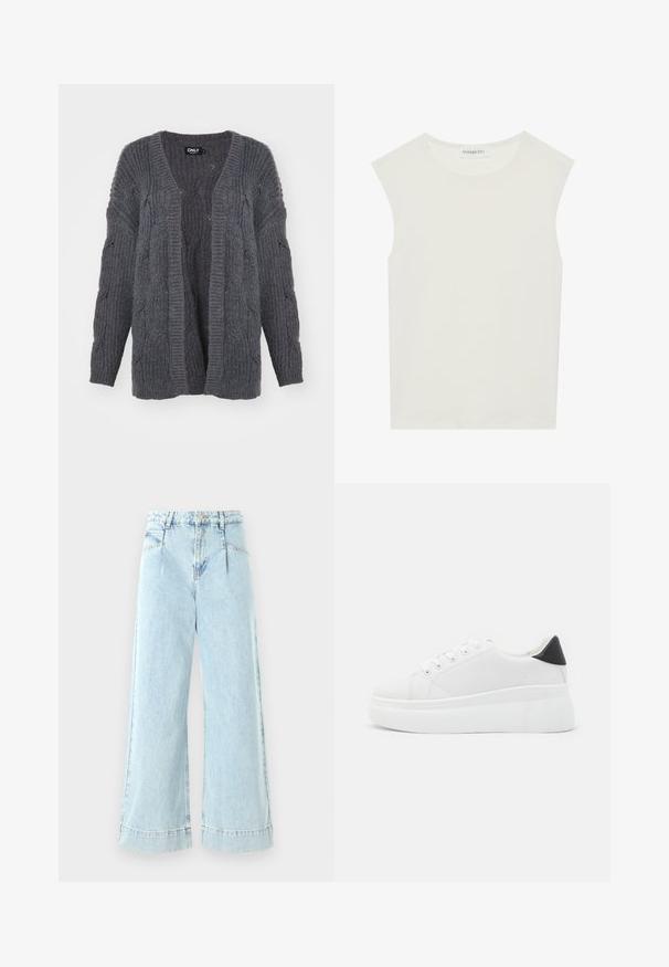 Γκρίζα πλεκτή κάρντιγκαν με ριμπ ύφανση, ανοιχτό μπροστά και πλεχτές λεπτομέρειες στα μανίκια. Διαθέτει μακριά μανίκια και χαλαρή εφαρμογή.; Λευκή αμάνικη μπλούζα με στρογγυλή λαιμόκοψη. Φτιαγμένη από απαλό ύφασμα, διαθέτει χαλαρή εφαρμογή και μινιμαλιστικό σχέδιο. Χωρίς μοτίβα ή αξεσουάρ.; Ανοιχτό μπλε τζιν παντελόνι σε φαρδιά γραμμή, κατασκευασμένο από ντένιμ, με ψηλή μέση, μπροστινές τσέπες και ραφές στις άκρες.; Λευκά πλατφόρμα αθλητικά παπούτσια κατασκευασμένα από λείο συνθετικό υλικό, με στρογγυλή μύτη, σχέδιο με κορδόνια και υφασμένη καουτσούκ σόλα. Μαύρη έγχρωμη λεπτομέρεια στη φτέρνα.