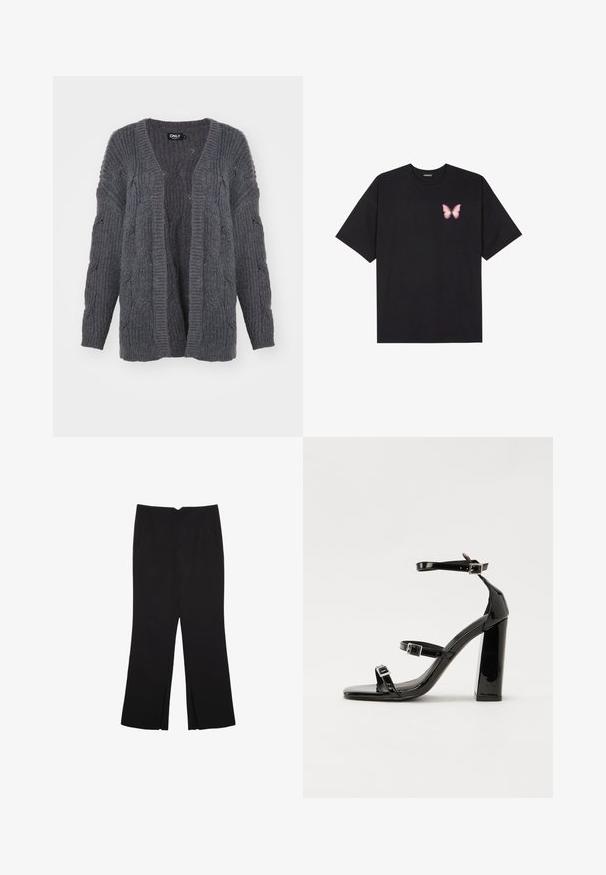 Cardigan grigio in maglia con texture a costine, apertura frontale e dettagli a treccia sulle maniche. Presenta maniche lunghe e una vestibilità rilassata.; T-shirt nera in cotone con maniche corte, caratterizzata da una piccola grafica di una farfalla rosa sul lato sinistro del petto. Design a girocollo con una vestibilità rilassata.; Pantaloni neri a gamba dritta, con tasche frontali e spacchi laterali all'orlo. Realizzati in tessuto morbido e liscio. Adatti a diverse occasioni.; Sandali con tacco in vernice nera, con punta squadrata, cinturini alla caviglia e fibbie in argento. Presentano un tacco a blocco spesso per maggiore stabilità.