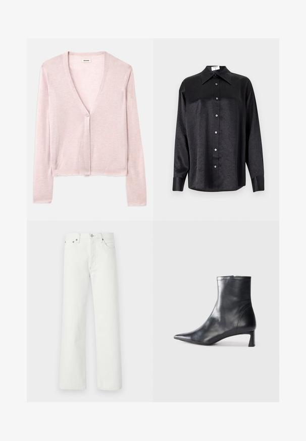 Lichtroze cardigan, cropped ontwerp, lange mouwen, v-hals, enkele knoopsluiting, zachte textuur, subtiel breipatroon en ruwe zoomdetails.; Zwarte blouse met lange mouwen en een kraag, voorzien van een gekreukt oppervlak, volwaardige knopen aan de voorkant en manchetten. Gemaakt van een gladde stof.; Witte spijkerbroeken van denim met een rechte pijp, een vijf-pocketontwerp en metalen hardwareaccenten op de tailleband en zakken.; Zwarte leren enkellaars met een spitse neus en een slank ontwerp. Heeft een lage hak en een ritssluiting aan de achterkant. Gladde textuur.