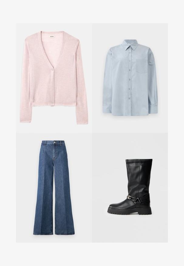Cardigan rose clair, design court, manches longues, décolleté en V, fermeture à un bouton, texture douce, motif de tricot subtil et détails à ourlet brut.; Chemise boutonnière à manches longues, de couleur bleu clair, avec un col pointu et une poche poitrine, posée à plat sur un fond blanc.; Jean en denim bleu à jambe large et taille haute, avec une coupe classique à cinq poches et une fermeture à bouton, fabriqué en tissu en coton texturé.; Bottes noires montantes en cuir lisse, avec une accent de boucle sur le côté et une semelle épaisse et texturée pour une adhérence optimale.