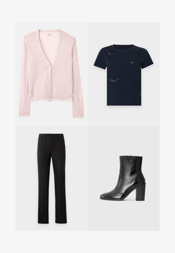 Svetloružový kardigán, skrátený strih, dlhé rukávy, véčkový výstrih, jediné zapínanie na gombík, jemná textúra, subtílny pletený vzor a detaily s nerovným lemovaním.; Námořnické tričko z bavlny s kulatým výstřihem. Obsahuje černé flitrové designy srpové měsíce rozptýlené po látce. Krátké rukávy.; Čierne nohavice na mieru so rovnými nohavicami, dvoma prednými vreckami, gombíkovým zapínaním a skladaním na prednej strane. Hladká textúra látky.; Čierna kožená kotníková obuv s hladkým povrchom, špicatou špičkou a masívnym vysokým podpätkom. Zdobená bočným otvorom a minimalistickým dizajnom.
