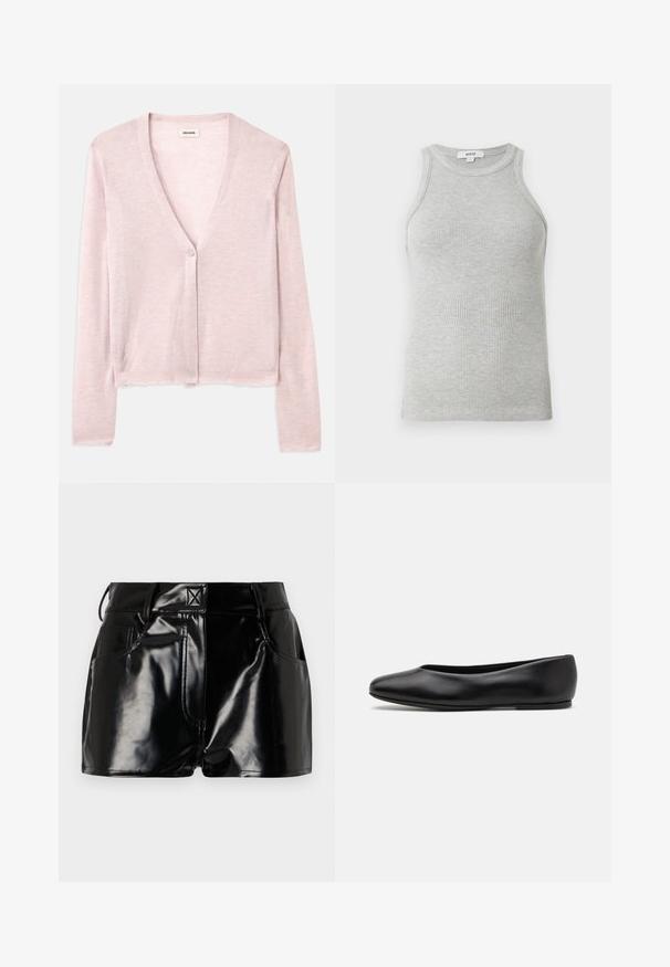 Světle růžový cardigan, zkrácený design, dlouhé rukávy, výstřih do V, zapínání na jeden knoflík, měkká textura, jemný pletený vzor a detaily s surovým okrajem.; Šedý proužkovaný top bez rukávů s přiléhavým střihem, širokými průramky a zaobleným výstřihem. Vyrobeno z měkké bavlny s hladkou texturou.; Černé lesklé kraťasy vyrobené z umělého materiálu. Obsahují přiléhavý pas, poutka na opasek a přední kapsy s výraznými švy.; Paul Smith TOPANGA - Klasické baleríny - black
