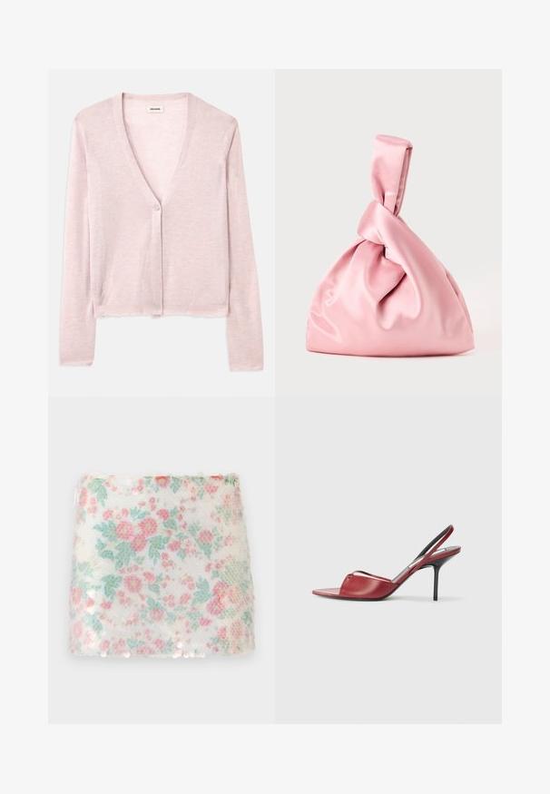 Light pink cardigan, cropped design, long sleeves, v-neck, single button closure, soft texture, subtle knit pattern, and raw hem detailing.; White tank top made of soft fabric. Features the text "SHADOWBANNED" in light gray across the chest. Simple, sleeveless design.; Floral-patterned white fabric with pastel pink and green flowers, featuring a textured surface and subtle sequins along the bottom edge.; Red leather slingback heeled sandal with a pointed open toe design, thin strap across the foot, and a narrow stiletto heel.; Pink satin bag with a knotted top, featuring a smooth texture and a soft, rounded shape. Designed for a secure, gathered appearance.; Silver ring featuring colorful gemstones: red, green, pink, and blue. Textured band with protruding accents. Circular shape.