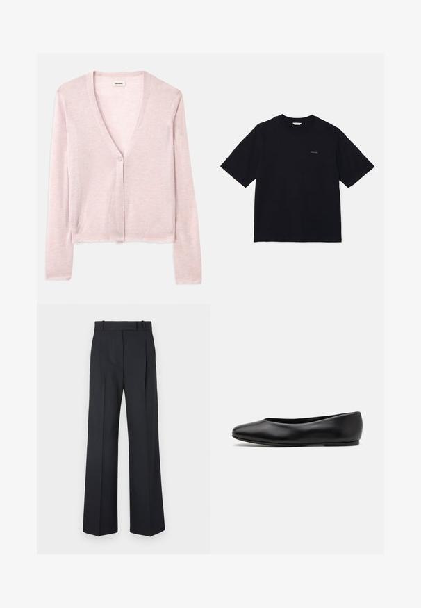 Lichtroze cardigan, cropped ontwerp, lange mouwen, v-hals, enkele knoopsluiting, zachte textuur, subtiel breipatroon en ruwe zoomdetails.; Zwarte t-shirt met korte mouwen van katoen, met een ronde halslijn en een klein logo op de linkerborst. Soepele textuur en relaxte pasvorm.; Donkerblauwe pinstriped broek met een hoge taille, wijde pijpen en zonder zichtbare hardware of versieringen. Glad textuur en nauwkeurige pasvorm.; Paul Smith TOPANGA - Ballerina's - black