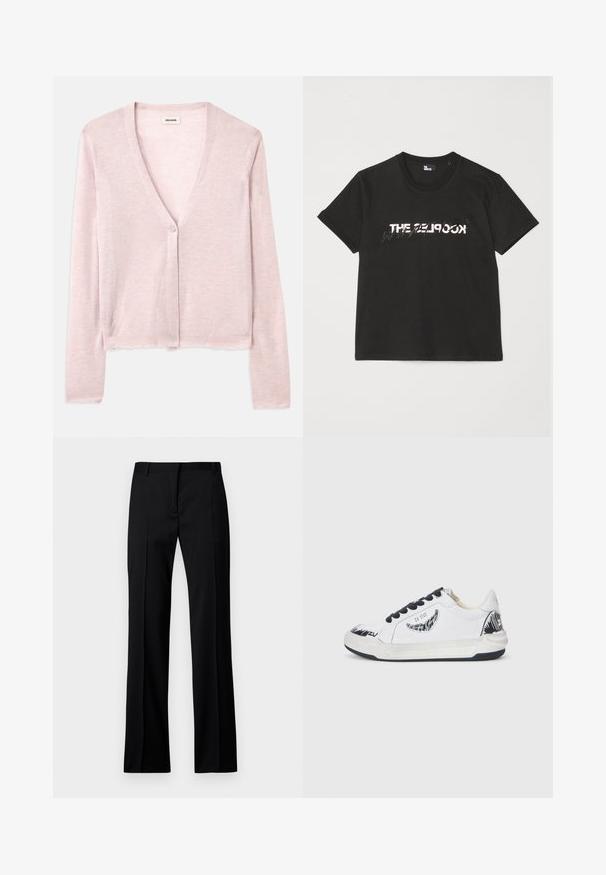 Ljusrosa cardigan, kort design, långa ärmar, v-ringad, enstaka knäppning, mjuk textur, subtilt stickat mönster och rå kantdetalj.; Svart bomullströja med korta ärmar, med en tryckt vit och grå "THE 2LOOK" design över framsidan. Klassisk rund halsringning.; Svarta raka byxor i slätt tyg, med platt front, bälteshällor och utan synliga fickor eller dekorationer.; Vita sneakers med svarta detaljer, med en texturerad design på sidan, svarta snören och gummisula. Logotyp och konstverk på ovansidan.