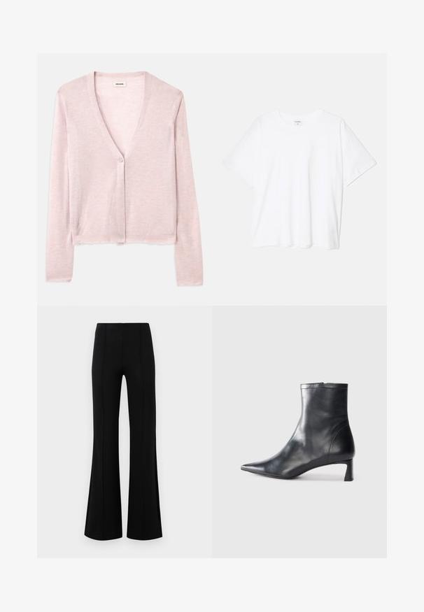 Helles rosa Strickcardigan, verkürztes Design, lange Ärmel, V-Ausschnitt, Einzelknopfverschluss, weiche Textur, dezentes Strickmuster und ungesäumte Details.; Weißes Baumwoll-T-Shirt mit kurzen Ärmeln, runder Halslinie, lockerer Passform und genähtem Saum. Etikett sichtbar am inneren Kragen.; Schwarze Schlaghose mit hoher Taille, aus dehnbarem Material. Mit vertikalen Nahtdetails auf der Vorderseite und einer glatten Textur.; Schwarze Lederstiefelette mit spitzer Zehe und schlankem Design. Verfügt über einen niedrigen Absatz und einen Reißverschluss hinten. Glatte Textur.