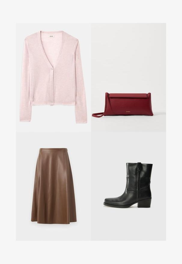 Lichtroze cardigan, cropped ontwerp, lange mouwen, v-hals, enkele knoopsluiting, zachte textuur, subtiel breipatroon en ruwe zoomdetails.; Zwarte tanktop met dunne spaghettibandjes, gemaakt van ribstof, met een rechte snit en een label op de hals dat "IVY OAK" zegt.; Bruine leren A-lijn rok met een gladde textuur en een middellange zoom. Beschikt over een aansluitende tailleband en een lichte uitlopende vorm vanaf de heupen.; Zwarte leren enkellaars met een ronde neus, blokhak, zijrits en stikselaccenten op de wreef. Gladde textuur, klassiek ontwerp.; Rode leren clutch met een gestructureerde afwerking, met een vlakke omvouwtop en een korte strap. Subtiele merklogo op de voorkant.