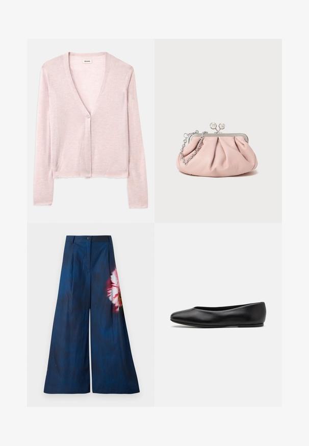 Helles rosa Strickcardigan, verkürztes Design, lange Ärmel, V-Ausschnitt, Einzelknopfverschluss, weiche Textur, dezentes Strickmuster und ungesäumte Details.; Schwarzes Tanktop mit dünnen Spaghetti-Trägern, aus geripptem Stoff, mit geradem Schnitt und einem Etikett am Hals, auf dem "IVY OAK" steht.; Weite Hosen aus dunkelblauem Stoff mit einem floralen Muster in Rosa und Gelb auf einer Seite und einem Knopfverschluss an der Taille.; Paul Smith TOPANGA - Klassischer Ballerina - black; Rosa Leder-Clutch mit einem gerafften Design, Metallrahmen, zwei runden Verschlüssen und einem silbernen Kettenriemen. Glatte Textur, kompakte Form.