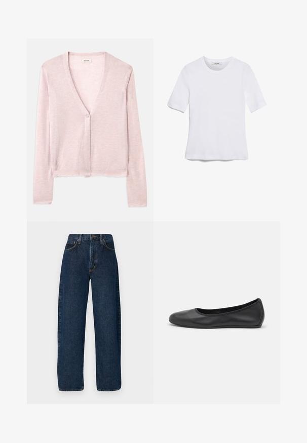 Jasnoróżowy kardigan, krótki krój, długie rękawy, dekolt w serek, zapięcie na jeden guzik, miękka tekstura, subtelny wzór dzianiny oraz surowe wykończenie dołu.; Biała koszulka krótki rękaw wykonana z materiału prążkowanego. Okrągły dekolt, regularny krój i subtelne detale szwów. Bez wzorów ani grafik.; Szerokie niebieskie dżinsy o wysokim stanie, charakteryzujące się klasycznym pięciopocketowym stylem i kontrastowym szwem wzdłuż szwów.; Czarne skórzane baletki z zaokrąglonym noskiem, gładką fakturą, minimalnymi przeszyciami i elastycznym designem podeszwy.