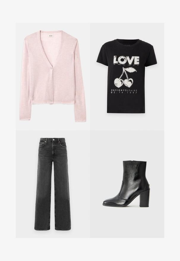 Gaiši rozā kardigāns, īsā dizaina, garām piedurknēm, V veida kakla izgriezums, ar vienu pogu, mīksta tekstūra, smalka adījuma raksts un neapstrādātas apdare.; Melna kokvilnas T-kreklā ar baltu grafiku, kurā attēlota vārds "Mīlestība" un divi ķirši sirds formā, kā arī zīmola teksts un datums.; Melnas augstā vidukļa taisnās kājas džinsu bikses ar priekšējo pogu un rāvējslēdzēju, divām priekšējām kabatām un divām aizmugurējām kabatām.; Melnas ādas potīšu zābaki ar gludu tekstūru, smailu purngalu un masīlu augstu papēdi. Iekļauts sānu atvērums un minimālistisks dizains.