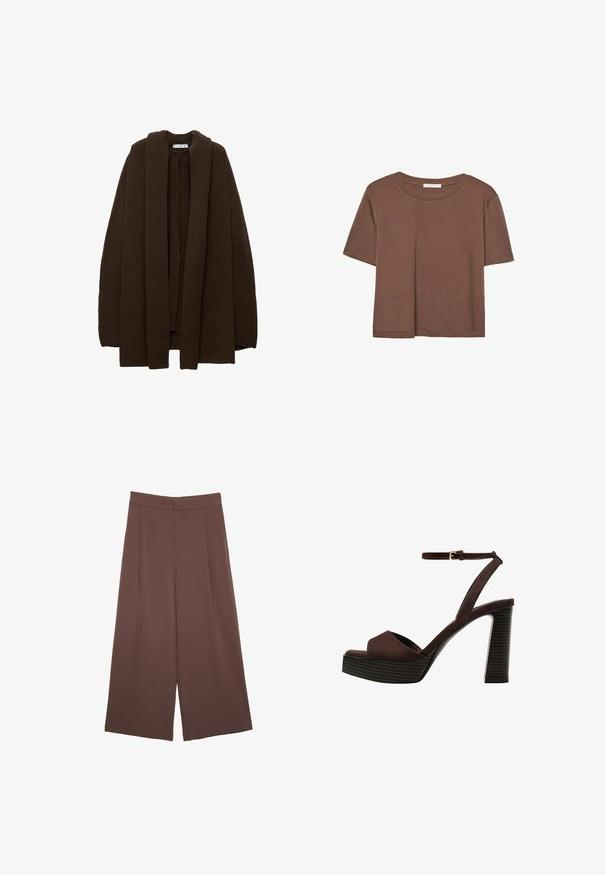 Mango CAPRI - Kardigan - brown; Hnědé tričko s krátkým rukávem vyrobené z měkké látky, s kulatým výstřihem a volným střihem. Bez viditelných vzorů nebo dekorací.; Hnědé široké kalhoty s hladkou texturou, vysokým pasem a předními záhyby. Materiál je lehký a volně splývá.; Hnědé semišové sandály na vysokém podpatku s otevřenou špičkou, nastavitelným páskem kolem kotníku a proužkovou platformou.