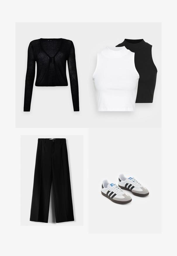 Cardigan negru, cu mânecă lungă, realizat dintr-o țesătură subțire, cu nervuri. Are un decolteu adânc în V și o închidere frontală cu un mic nod.; Două bluze fără mâneci, cu guler înalt, în culorile negru și alb, având un design ajustat și o textură netedă, cu o lungime scurtă.; Pantaloni negri cu picior larg, fabricați dintr-un material ușor, cu închidere frontală cu nasture și față plată, având tivuri cusute cu atenție.; Încălțăminte sport cu un superior din piele albă, vârf din suede gri și trei dungi negre. Prezintă un logo albastru pe limbă și o talpă din cauciuc texturat.