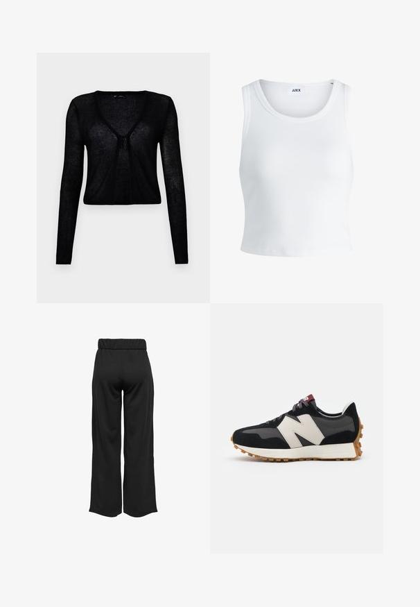 Melnas, garām piedurknēm radītās džemperis izgatavots no caurspīdīga, ribota auduma. Tam ir dziļa V veida kakla izgriezums un priekšējā aizdare ar mazu mezglu.; Balts ribots topiņš ar apaļu kakla izgriezumu, bez piedurknēm un īsā garumā. Uz birkas ir rakstīts "JJXX." Gluda auduma tekstūra.; Melnas, platas bikses ar elastīgu jostu, izgatavotas no gludas auduma. Iespējamā tīra dizaina ar bez kabatām un redzamām šuvēm.; Melnas un pelēkas zamšādas sporta kurpes ar lielu krēmkrāsas "N" logotipu, purpura šņorēm un strukturētu gumijas zoli.