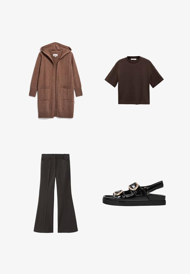 Brauner Strickcardigan mit Kapuze, offener Front und zwei vorderen Taschen. Weicher Stoff und gerippte Akzente an den Bündchen und Taschenkanten.; Braun t-Shirt mit kurzen Ärmeln aus weicher Baumwolle. Verfügt über einen runden Ausschnitt und einen kastigen Schnitt, mit einer glatten Textur und ohne sichtbare Muster.; Schwarze, weit geschnittene Hosen mit hoher Taille; verfügt über zwei Fronttaschen und eine glatte Stoffoberfläche. Geeignet für verschiedene Anlässe.; Schwarze Lackleder-Sandalen mit drei verstellbaren Riemen, ausgestattet mit goldfarbenen Schnallen und einer dicken schwarzen Plattformsohle.