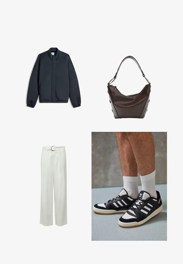 Tamno siva dukserica s visokim ovratnikom, spuštenim ramenima i elastičnim manžetama. Ima minimalistički dizajn i bočne džepove. Glatka tekstura.; Bijela kratka majica s kratkim rukavima s uzorkom pletenice, okruglim izrezom i rebrastim rubom. Mekana tekstura, ležeran kroj i jednostavan dizajn.; Bijele široke hlače s glatkom teksturom, s prednjim plisiranim detaljima i srebrnim okruglim remenom s kopčom. Nema vidljivih džepova.; Crne i bijele tenisice s gornjim dijelom od antilopa i kože, s tri bijele pruge, perforiranim prstom i gumiranim potplatom.; Tamno smeđa kožna torba sa zakrivljenim oblikom, zatvaranjem na zip i kratkom drškom. Ima metalne detalje i dekorativne crne dugmadi sa strane.