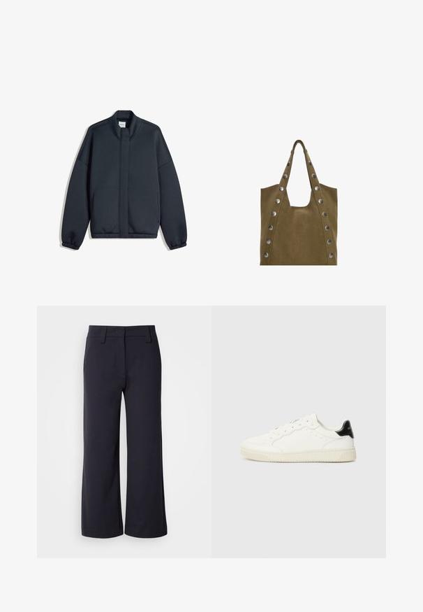 Felpa grigia scura con colletto alto, spalle basse e polsini elasticizzati. Presenta un design minimalista e tasche laterali. Texture liscia.; T-shirt nera realizzata in tessuto morbido, con collo a giro e maniche corte. Il design è semplice, senza motivi o dettagli visibili.; Pantaloni a gamba larga di tessuto blu navy scuro. Presentano una parte anteriore piatta, passanti per cintura e tasche laterali. Il materiale è morbido con una leggera elasticità.; Sneaker in pelle bianca con punte rotonde, allacciatura frontale, dettagli perforati e accentuazione nera sul tallone. Suola in gomma testurizzata.; Borsa a tote in suede khaki con due manici superiori, caratterizzata da grandi rivetti argentati lungo i lati e un'ampia apertura superiore per un facile accesso.