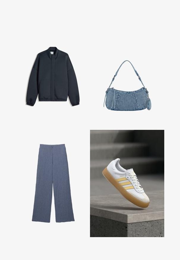 Felpa grigia scura con colletto alto, spalle basse e polsini elasticizzati. Presenta un design minimalista e tasche laterali. Texture liscia.; T-shirt bianca tagliata in cotone con maniche corte, caratterizzata da una grafica di palma gialla e onda blu sul lato sinistro del petto.; Pantaloni larghi blu con una texture a coste, dotati di una vita alta e una vestibilità ampia, adatti per un abbigliamento casual.; Sneaker in pelle bianca con accenti gialli, tre strisce e suola in gomma color naturale. Presenta una punta arrotondata e una linguetta testurizzata.; Borsa in denim con forma curvata, colore azzurro chiaro, tracolla regolabile e una piccola pochette staccabile con accenti metallici.