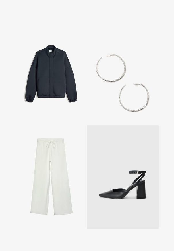 Mörkgrå sweatshirt med hög krage, neddragna axlar och elastiska manschetter. Har en minimalistisk design och sidofickor. Slät textur.; Ljusrosa bomulls-t-shirt med korta ärmar, rund halsringning och avslappnad passform. Slät textur och enkel design, inga ytterligare mönster eller detaljer.; Vita vida byxor i mjukt tyg. Har en elastisk midja med dragsko och en slät yta. Inga synliga mönster eller metalldetaljer.; Svart läderpumps med spetsig tå, ankelrem och kraftig klack. Slät textur, stilren design och minimalistisk estetik.; Flätade silverörhängen med en texturerad yta. Säkert post-bak stängning med en liten, cylindrisk accent.