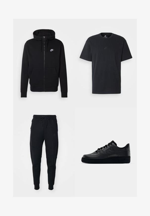 Hanorac negru cu fermoar, confecționat dintr-un material moale, având o buzunar frontal tip pouch, glugă cu șnur și un logo alb Nike pe piept.; Tricou din bumbac negru Nike, cu guler rotund clasic, mâneci scurte și un logo subtil embosat pe piept. Textură netedă.; Pantaloni de jogging negri din țesătură moale, cu talie ajustabilă cu șnur, picioare înguste și buzunare laterale cu un design elegant.; Adidașii negri Nike Air Force 1 cu un exterior din piele netedă, vârf perforat pentru respirabilitate, șireturi negre și o talpă din cauciuc texturată.