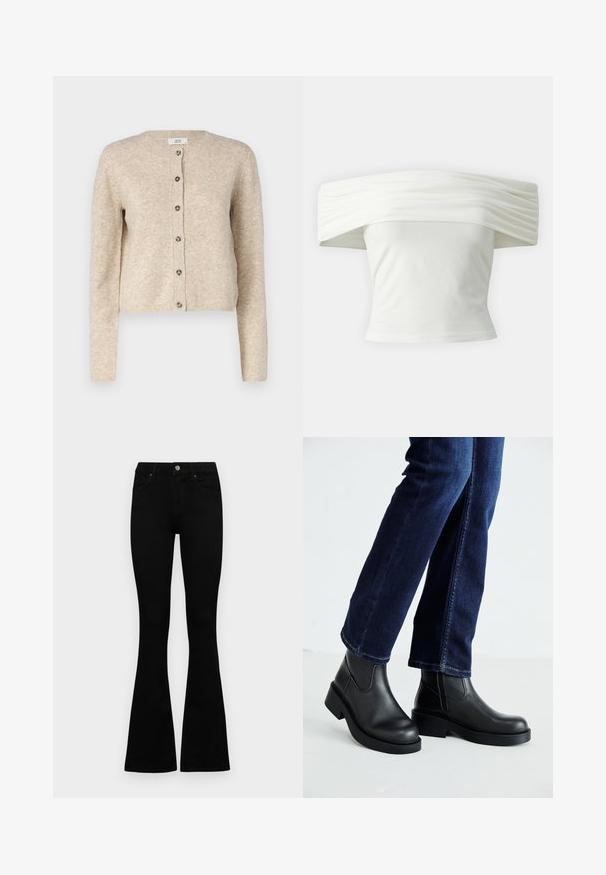 Beežist kudumit kardigan, millel on ümar kaelus, pikad varrukad ja seitsmest nupust koosnev esitõmblus. Omab soonikkoes mansette ja alumist serva.; Õlavarrelt avatud valge topp, millel on volditud, struktureeritud kaelus ja istuv bodi. Valmistatud pehmest kangast, millel on sile tekstuur.; Mustad kõrge vöökohtadega teksad, millel on nööp ja lukuga sulgemine, esikäe taskud ja laienevad sääred, asetatud tasasele valgele taustale.; Mustad mustad nahast sääre kõrgused saabastega, millel on paks tald ja küljel elastsed paneelid, kombineeritud tumedate siniste teksadega. Maapind on heledat värvi.