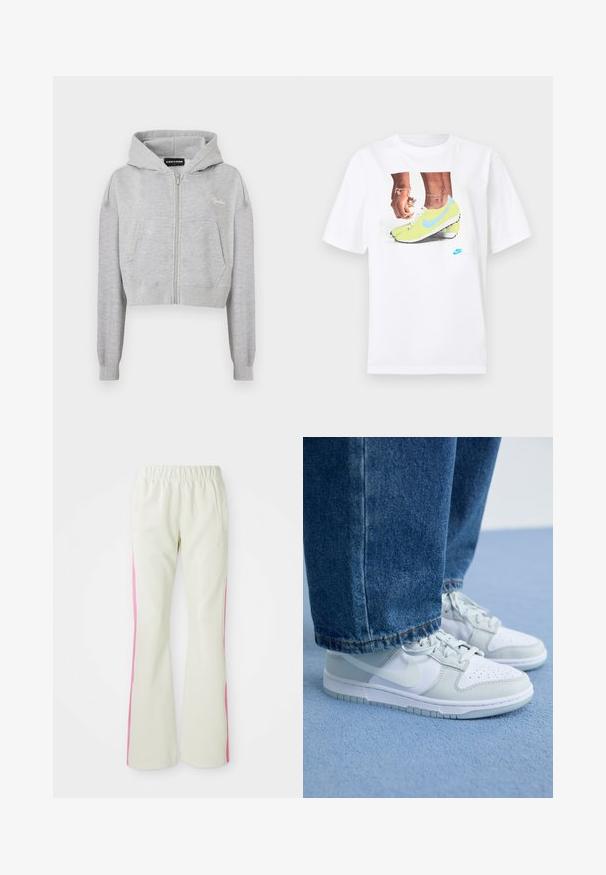 Lys grå cropped hettegenser med front glidelås, to sidelommer og ribbestrikkede mansjetter. Har logo brodert på venstre brystområde.; Hvit bomull t-skjorte med et grafisk motiv av føtter i gule Nike fotballsko med blå detaljer, kombinert med et armbånd på venstre håndledd.; Lys beige bukser med elastisk linning, med rosa sidepaneler og sidelommer. Glatt tekstur med rett ben-design.; Nike-sko i hvit og lys grå lær med perforert tå, flate lisser og gummisåle, sammen med blå denimjeans.