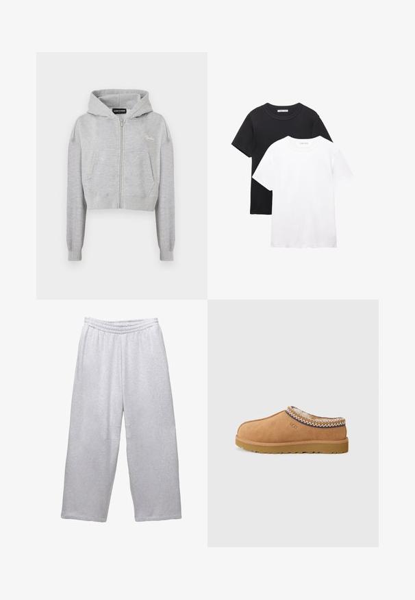 Felpa grigia chiara a maniche corte con zip frontale, due tasche laterali e polsini a coste. Presenta un ricamo con il logo nella zona sinistra del petto.; Due magliette girocollo, una nera e una bianca. Realizzate in morbido cotone, con maniche corte e un design semplice e classico.; Pantaloni da jogging larghi grigi chiari con vita elasticizzata e cuciture a vista su sfondo bianco.; Scarpa slip-on in suede beige con una fodera in lana testurizzata e cuciture decorative in stile etnico attorno al colletto. Presenta una suola in gomma.