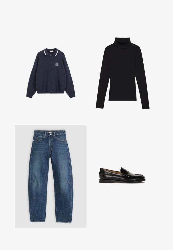 Marinblå stickad zip-up tröja med vit rand på kragen och liten broderad patch på vänster bröst.; Svart polokrage långärmad topp, tillverkad av ribbat tyg, har en figurnära design med hög hals och inga mönster eller accenter.; Mörkblå denimjeans med rak ben-design, som har framfickor, kontrasterande sömmar och en subtil blekt textur på benen.; Svart läderloafer med rundad tå, slip-on-design och subtila sömnadsdetaljer längs ovandelen. Platt gummisula.