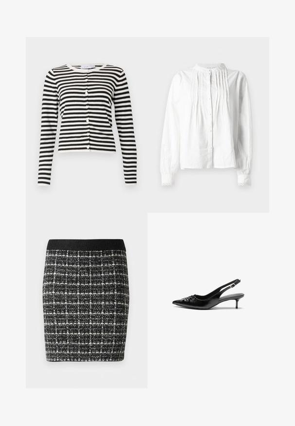 Black and white striped cardigan with long sleeves, round neckline, button front closure, and soft knit texture.; White long-sleeve blouse with stand collar, vertical pleats on front, button closure, and lace-trimmed cuffs.; Black and white checkered skirt with a textured fabric, featuring a black waistband and a fitted silhouette.; Black leather slingback heels with a pointed toe, small kitten heel, and a decorative knot detail on the front. Smooth texture throughout.