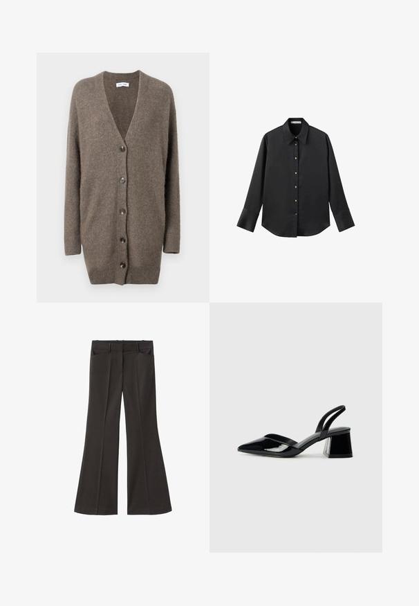 Brauner Wolle-Cardigan mit V-Ausschnitt, langen Ärmeln und fünf vorderen Knöpfen. Mit gerippten Bündchen und Saum. Weiche Textur und lockere Passform.; Schwarz langärmliges Hemd aus glattem Stoff, mit klassischem Kragen, frontaler Knopfleiste mit goldfarbenen Knöpfen und breiten Manschetten.; Schwarze, weit geschnittene Hosen mit hoher Taille; verfügt über zwei Fronttaschen und eine glatte Stoffoberfläche. Geeignet für verschiedene Anlässe.; Schwarze Lackleder-Slingback-High Heels mit spitzem Schuh und einem geometrischen Blockabsatz. Verfügt über ein schlankes, minimalistisches Design und eine glatte Textur.