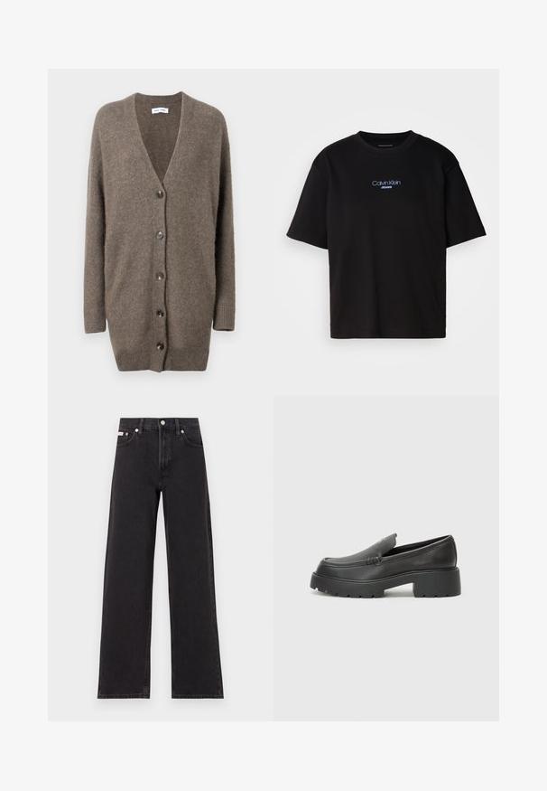 Pruun villane kardigan V-kaelusega, pikkade varrukatega ja viie esiknöpiga. Omab soonikuid mansettide ja hemmi. Pehme tekstuur ja mugav lõike.; Mustmust särk ümmarguse kaelusega, lühikeste varrukatega ja sinise tikandiga "Calvin Klein JEANS" logo ees.; Mustad laiad mustad teksad, millel on kõrge vöökoht, viie tasku stiil ja metallist nööpkinnitus kontrastsete õmblustega.; Mustad nahast loafers ümarate varvastega, paksu tekstuuriga tald ja minimaalsete õmbluse detailidega. Viimistletud disain, kus pole nähtavaid paelu ega riistu.