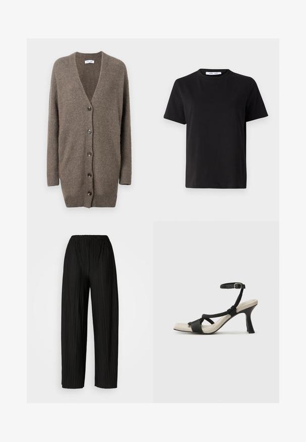 Barna gyapjú kardigán V-kivágással, hosszú ujjakkal és öt gombbal elöl. Bordázott mandzsettákkal és szegéllyel rendelkezik. Puha textúrájú és laza fazonú.; Fekete, rövid ujjú póló, puha pamutból készült, kerek nyakkivágással, laza szabással és sima textúrával. Nincs látható minta vagy grafikák.; Fekete, pliszírozott, bőszárú nadrág rugalmas derékkal. Az anyag függőleges pliszékkel és sima textúrával rendelkezik.; Fekete sarkú szandál fonott pánttal, négyzet alakú orral és állítható bokapánttal. Világos bézs talpbetét fényes fekete sarkával.