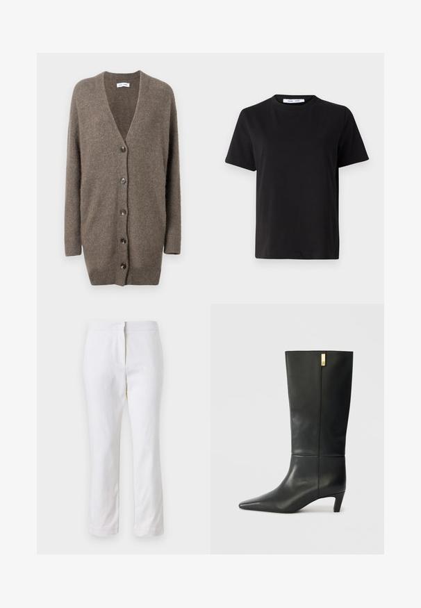 Brown wool cardigan with a V-neck, long sleeves, and five front buttons. Features ribbed cuffs and hem. Soft texture and relaxed fit.; Black short-sleeve t-shirt made of soft cotton, featuring a round neckline, relaxed fit, and a smooth texture. No visible patterns or graphics.; White cotton pants with a straight leg design, featuring a mid-rise waist and no visible hardware or patterns. Smooth texture throughout.; Black leather knee-high boot with a pointed toe and a small heel. Features a sleek design with a gold accent detail. Smooth texture.