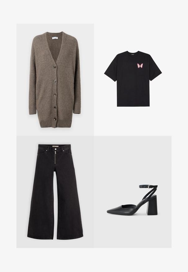 Ruskea villaneule, jossa on V-pääntie, pitkät hihat ja viisi etupainiketta. Omistaa ribbimäiset hihansuut ja helman. Pehmeä rakenne ja rento istuvuus.; Musta puuvillapaita lyhyillä hihoilla, jossa on pieni vaaleanpunainen perhosgrafiikka vasemmassa rinnassa. Pyöreä kaula-aukko ja rento istuvuus.; Mustat leveälahkeiset farkut, joissa on vetoketjufrunti, viisi-taskuinen muotoilu ja hienovaraiset ompelusyyt. Sileä pinta ja rento tyyli.; Mustat nahkakengät, joissa on kapea kärki, nilkkaremmi ja paksu korko. Tasainen pinta, tyylikäs muotoilu ja minimalistinen estetiikka.