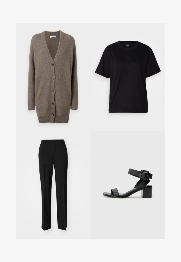 Brown wool cardigan with a V-neck, long sleeves, and five front buttons. Features ribbed cuffs and hem. Soft texture and relaxed fit.; Black cotton t-shirt with a crew neckline, short sleeves, and an embroidered logo on the chest. Simple, relaxed fit with no patterns.; Black tailored trousers with a straight-leg design, featuring a smooth texture and crisp creases along the front. No visible hardware.; Black leather heeled sandal with adjustable ankle strap, open toe design, and a square block heel. Smooth texture, minimalistic style.