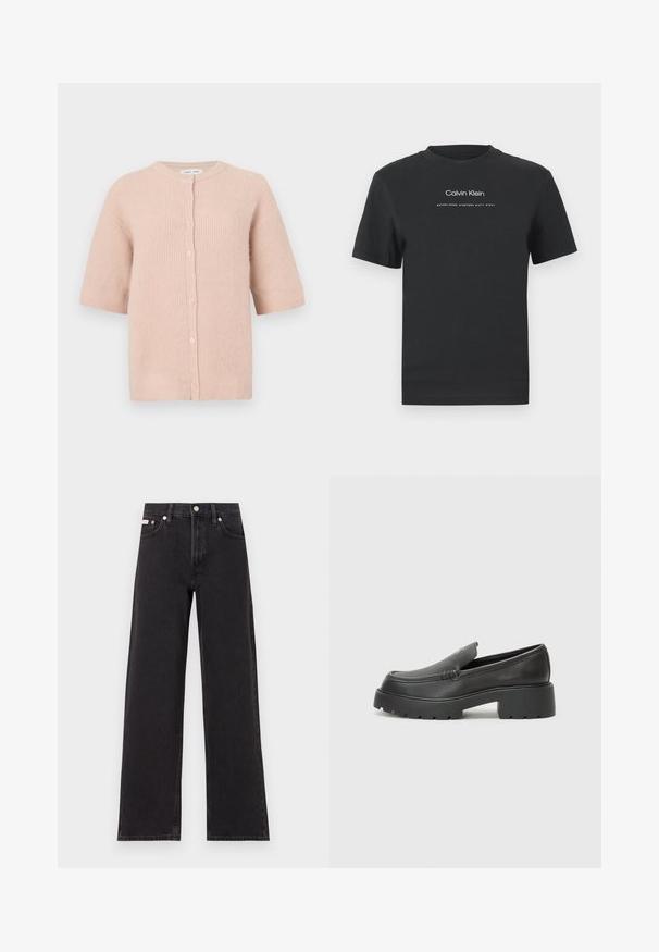 Cardigã de manga curta em malha rosa suave, apresentando um decote redondo e uma fila de botões na parte da frente, com um acabamento ligeiramente texturizado.; T-shirt de algodão preto com decote redondo, mangas curtas e logotipo "Calvin Klein" impresso em branco, acompanhado do texto "Established 1968".; Jeans de perna larga pretos feitos de denim, apresentando uma cintura alta, estilo de cinco bolsos e um fecho em botão de metal com costura contrastante.; Mocassins de couro preto com bico arredondado, sola espessa e texturizada, e detalhes de costura minimalistas. Design elegante sem atacadores ou ferragens visíveis.