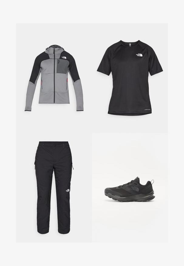 Gray and black zip-up jacket with a hood; features a textured fabric, mesh panels, two side pockets, and logo on the upper left chest.; Black short-sleeve athletic shirt with a textured fabric, featuring a white logo on the left chest and a straight hem.; The North Face WINTER EXPLORATION TAPERED CARGO - Outdoor trousers - black; Black athletic shoe with mesh upper, rubber outsole, and padded collar. Features laces, logo on the side, and a textured design.