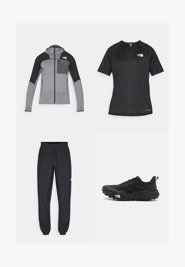 Casaco cinza e preto com fecho éclair e capuz; possui um tecido texturizado, painéis de rede, dois bolsos laterais e um logo no lado esquerdo do peito.; Camisa atlética preta de manga curta com um tecido texturizado, apresentando um logotipo branco no peito esquerdo e uma bainha reta.; Calças atléticas pretas feitas de tecido leve, com um cós ajustável por cordão, bolsos laterais e punhos afunilados nos tornozelos.; Sapatilha de trail running preta com um upper texturizado, sola de borracha e biqueira reforçada. Possui um colarinho acolchoado e uma alça para facilitar o calçar.