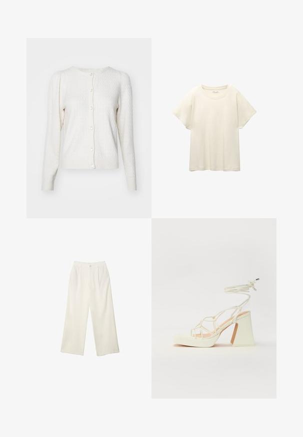 ONLY ONLKATIA PUFF CARDIGAN - Kardigán - whitecap gray melange; Svetlo béžové tričko s krátkym rukávom a okrúhlym výstrihom, vyrobené z jemnej, hladkej tkaniny. Má voľný strih a rovný lem.; Široké nohavice z krémovej látky s hladkou textúrou, s jedným predným gombíkom, jemnými skladmi a vysokým pásom.; Biele sandále na vysokom opätku s hrubým podpätkom, s pruhovaným dizajnom a viazaním na členku. Hladký povrch s platformou vpredu pre zvýšenú výšku.