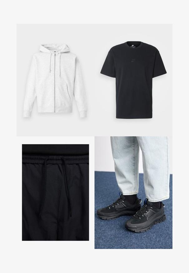 Svetlosiva zip-up kapuca iz mekog materijala. Ima kapuljaču sa vezicom, dva prednja džepa i rebraste manžetne, sa suptilnim logotipom na grudima.; Nike črna bombažna majica z klasičnim okroglim izrezom, kratkimi rokavi in subtilnim, vtisnjenim logotipom na prsih. Gladka tekstura.; Črne kratke hlače z vrvico v pasu, lahkotna tkanina z gladko teksturo in preprosto zasnovo brez vidnih logotipov ali vzorcev.; Črne športne čevlje z teksturirano tkanino in gumijastimi podplati, ki imajo elastične vezalke ter modre poudarke na peti. Nosi se z lahkimi denim hlačami.