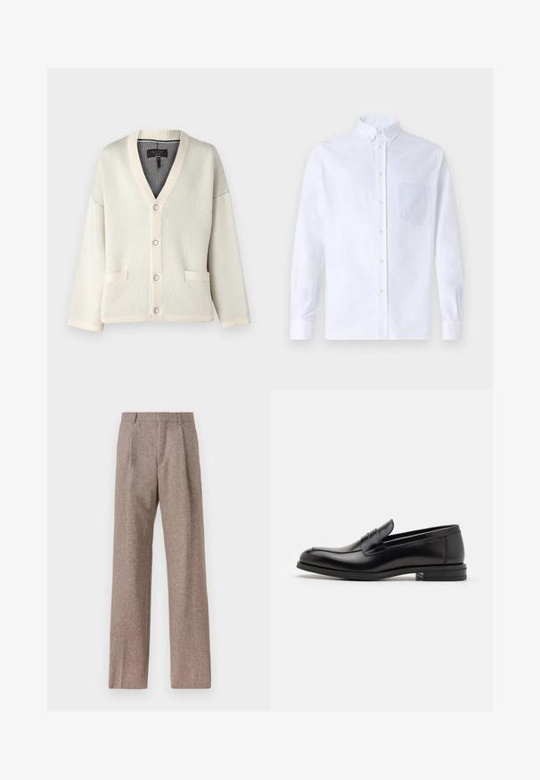 Crèmewitte cardigan met een V-hals, geribbelde manchetten en zoom. Heeft twee voorkruiden en vijf knoopsluitingen. Zachte gebreide textuur.; Witte lange mouwen overhemd van katoen, met een borstzak met tonale borduring, een kraag en knopenmanchetten.; Bruine, hooggewaisted broeken van een gestructureerde stof. Heeft wijde benen en twee voorplooien voor extra structuur. Net afgewerkt zonder zichtbare hardware.; Zwarte leren instappers met een gladde textuur, ronde neus en een decoratieve band over de wreef. Lage, gestapelde hak en minimalistisch ontwerp.