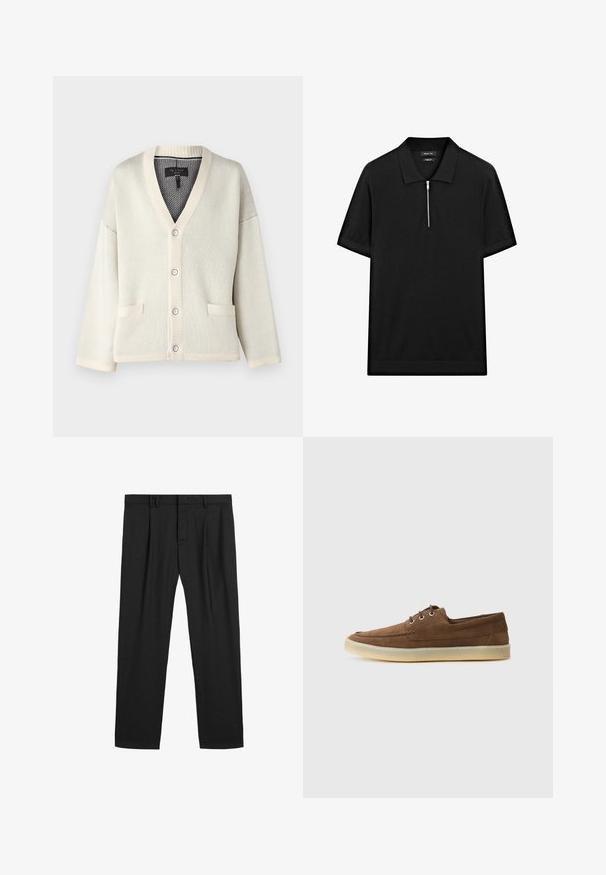 Cremefarvet cardigan med V-hals, ribbede manchetter og kant. Har to forlomme og fem knaplukninger. Blød strikket tekstur.; Sort kortærmet polo skjorte med ståkrave og frontlynlås. Lavet af et glat stof med et rent, minimalistisk design.; Sorte plisserede bukser lavet af et glat stof, med en traditionel talje og lige ben design. Ingen synlige mønstre eller hardware.; Brune ruskindssko med lav profil, snørebåndsdesign, gummisål og kontrasterende syninger. Simpel og funktionel stil.