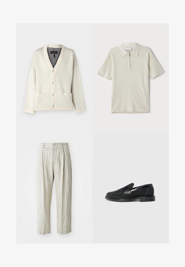 Κρεμ χρώματος κάρντιγκαν με V λαιμόκοψη, ribbed μανσέτες και στρίφωμα. Διαθέτει δύο μπροστινές τσέπες και πέντε κουμπιά. Μαλακή πλεκτή υφή.; Πολυάριθμο πουκάμισο κοντού μανικιού σε ανοιχτό μπεζ με κλειστό γιακά. Φτιαγμένο από λεία ύλη, διαθέτει απλό, μοντέρνο σχέδιο χωρίς μοτίβα.; Λευκά ριγέ παντελόνια από ελαφρύ ύφασμα, με χαλαρή γραμμή, πτυχές και ζώνη με θηλιές. Κατακόρυφες ναυτικές ρίγες.; Μαύρο πλεκτό παπούτσι slip-on με λείο δερμάτινο στοιχείο στο άνω μέρος, στρογγυλή μύτη και χαμηλό καουτσούκ πάτο.