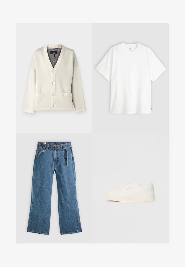 Cream-colored cardigan with a V-neck, ribbed cuffs, and hem. Features two front pockets and five button closures. Soft knit texture.; White short-sleeve t-shirt made of cotton with a crew neck. Features subtle embossed logo detail on the front and a red label at the hem.; Blue denim wide-leg jeans with attached belt, front pockets, and visible stitching on a plain light background.; White slip-on sneakers with a textured surface, a thick sole, and minimalistic design. Features brand logo on the side.