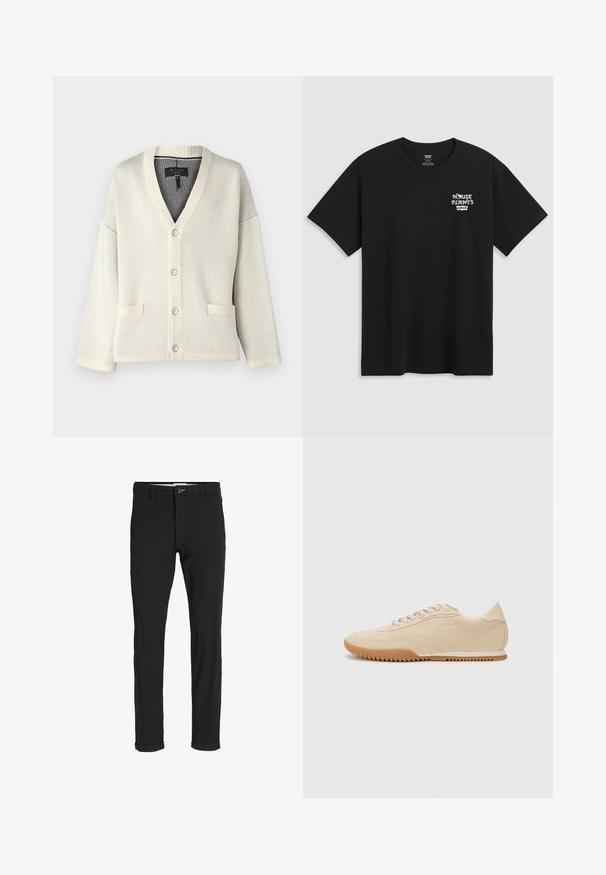 Cardigan couleur crème avec un col en V, des poignets et un ourlet côtelés. Dispose de deux poches avant et de cinq boutons. Texture en mailles douces.; T-shirt noir en coton avec un imprimé sur la poitrine portant la mention "PLANTES D'INTÉRIEUR" en police stylisée blanche, avec "Levi's" en dessous. Encolure classique. ; Pantalons noirs en mélange de coton avec une coupe slim, dotés d'une fermeture à bouton, de poches et de revers pour une finition décontractée.; Baskets en daim beige au design épuré, présentant une tige texturée, un bout rond et une semelle en caoutchouc avec un motif en zigzag.